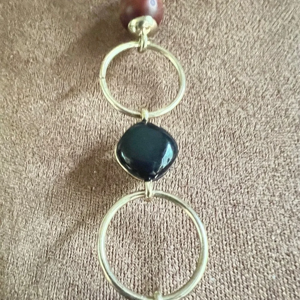 Chico's Long Gold Tone Wood and Black‎ Bead Station Necklace 45